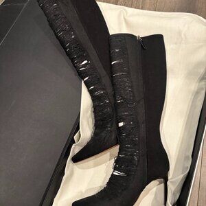 Loewe Black Denim Knee High Distressed Boots